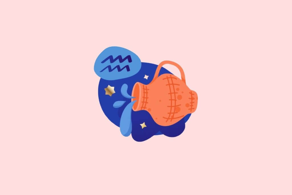 Ilustração do signo de Aquário em estilo plano. Ao centro, o símbolo do glifo do signo em azul sobre um fundo abstrato azul-escuro, adornado por um vaso laranja derramando água e pequenas estrelas douradas. O fundo geral da imagem é rosa claro.
