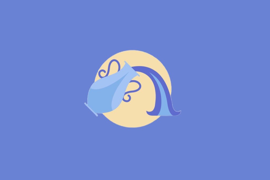 Ilustração centralizada de um jarro derramando água em tons de azul dentro de um círculo bege, representando o signo de Aquário sobre um fundo azul-claro.