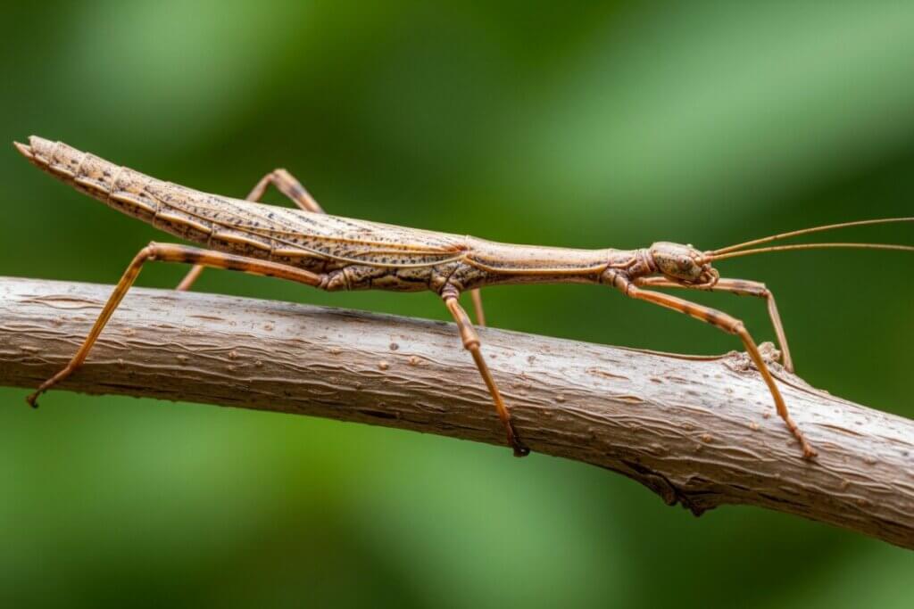 Um bicho-pau marrom-claro alongado está empoleirado sobre um galho de árvore cinza-marrom. O inseto tem um corpo fino e cilíndrico, pernas longas e finas e antenas longas que se estendem para a frente. O fundo é um verde suave desfocado.