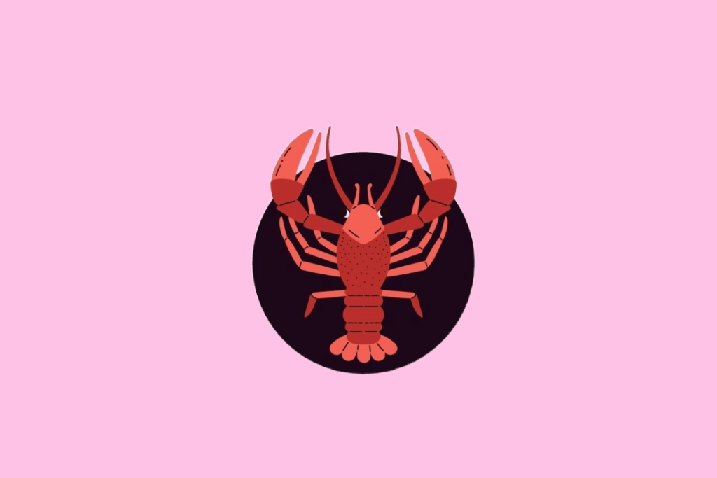 Ilustração estilizada de um caranguejo de cor vermelha vibrante, vista de cima, com garras e patas detalhada, em um fundo rosa-claro