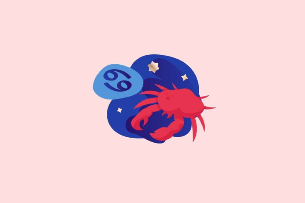 Ilustração do signo de Câncer em estilo plano. Ao centro, o símbolo do glifo do signo em azul sobre um fundo abstrato azul-escuro, adornado pelo desenho estilizado de um caranguejo vermelho e pequenas estrelas douradas. O fundo geral da imagem é rosa claro.
