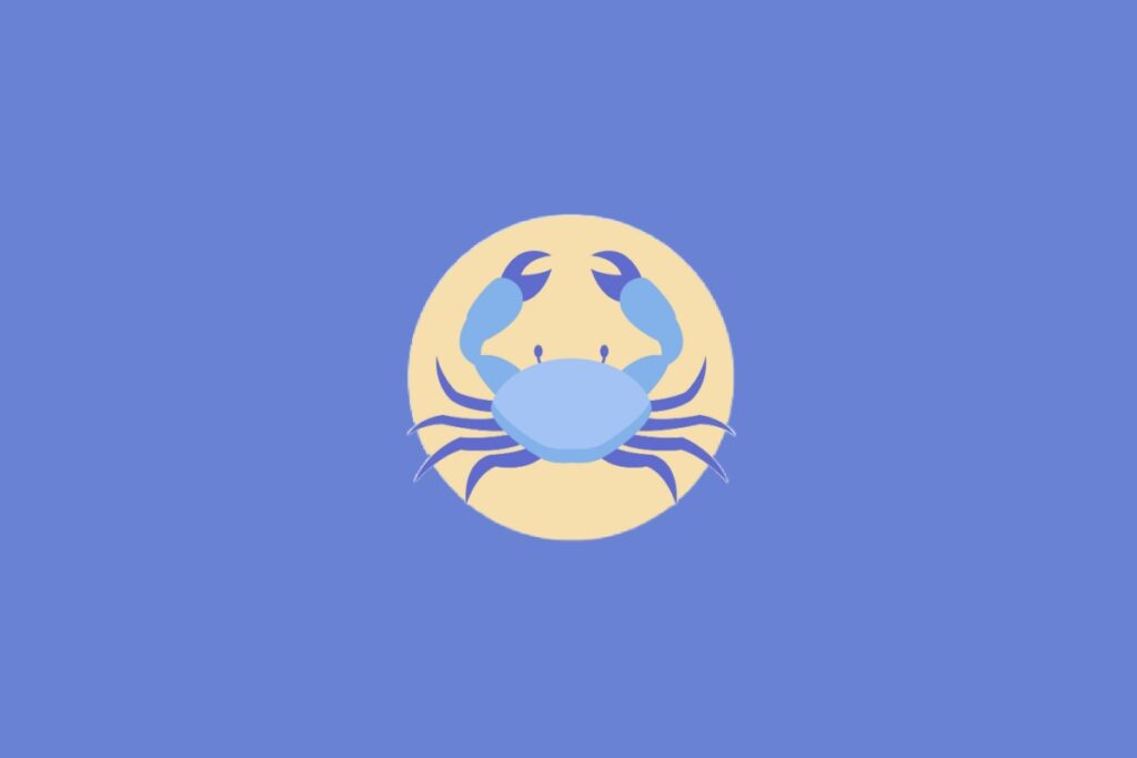 Ilustração centralizada de um caranguejo em tons de azul dentro de um círculo bege, representando o signo de Câncer sobre um fundo azul-claro.