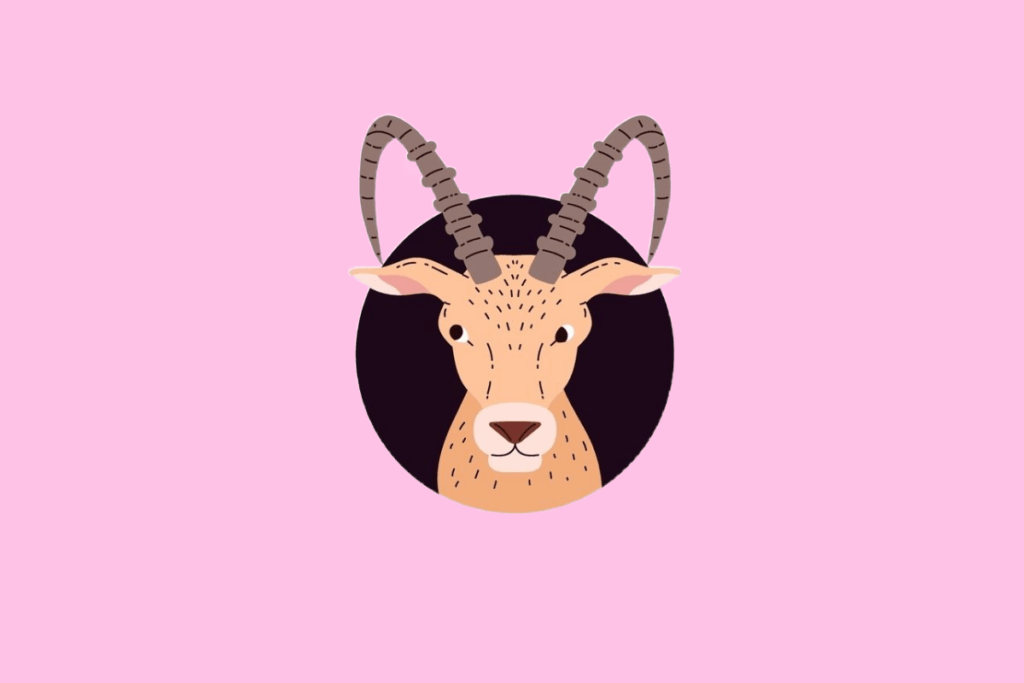 Ilustração da cabeça de uma cabra de cor bege, com chifres longos, curvados e anelados em tons de cinza, em um fundo rosa-claro