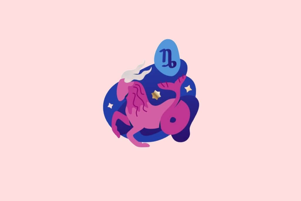 Ilustração do signo de Capricórnio em estilo plano. Ao centro, o símbolo do glifo do signo em azul sobre um fundo abstrato azul-escuro, adornado pela figura estilizada de uma cabra com cauda de peixe rosa e pequenas estrelas douradas. O fundo geral da imagem é rosa claro.