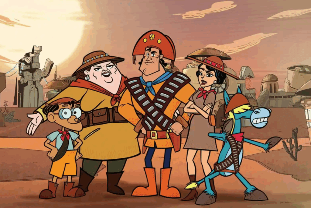 Personagens animados vestidos como cangaceiros posando juntos em um cenário inspirado no sertão nordestino