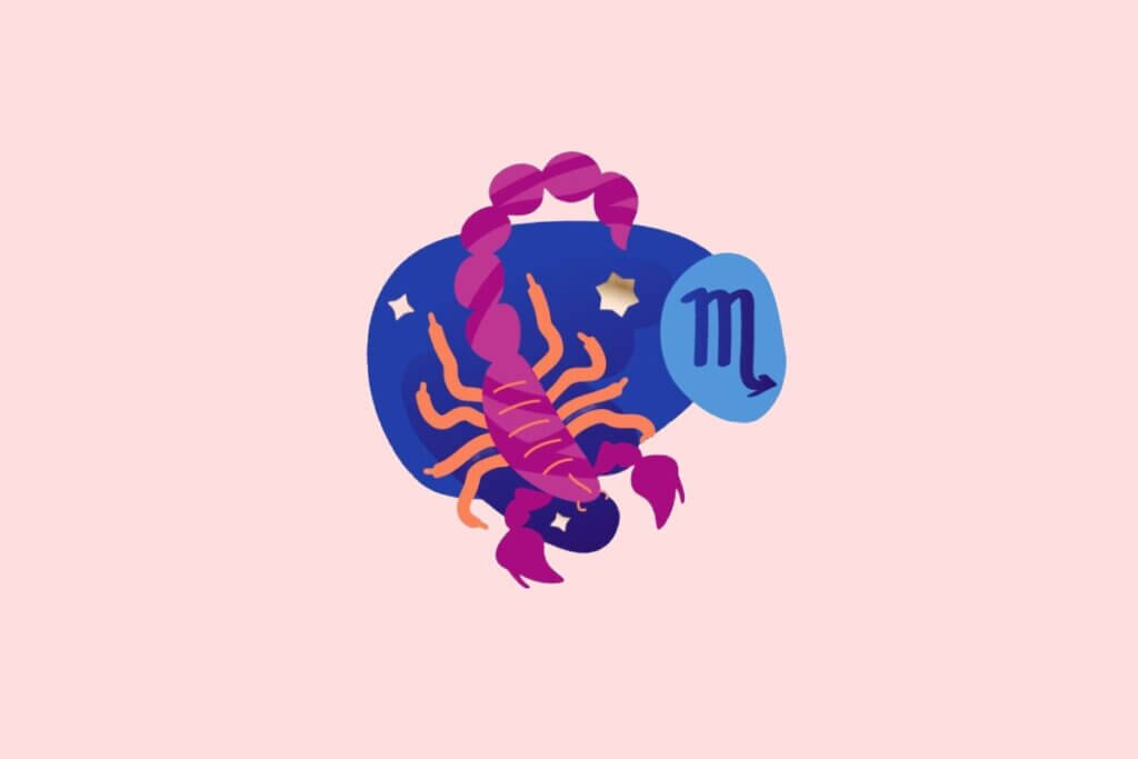 Ilustração do signo de Escorpião em estilo plano. Ao centro, o símbolo do glifo do signo em azul sobre um fundo abstrato azul-escuro, adornado pelo desenho estilizado de um escorpião em tons de rosa e pernas laranjas, cercado por pequenas estrelas douradas. O fundo geral da imagem é rosa claro.
