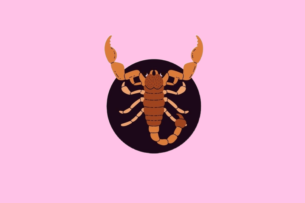 Ilustração de um escorpião marrom visto de cima, com as pinças levantadas e a cauda curvada exibindo o ferrão, em um fundo rosa-claro