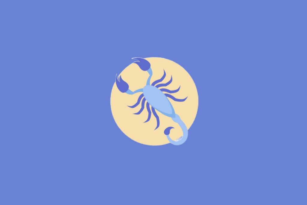 Ilustração centralizada de um escorpião em tons de azul dentro de um círculo bege, representando o signo de Escorpião sobre um fundo azul-claro.