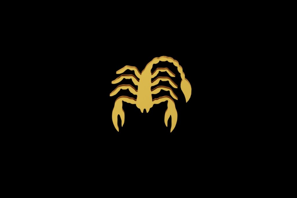 Ilustração do signo de Escorpião em amarelo em um fundo preto