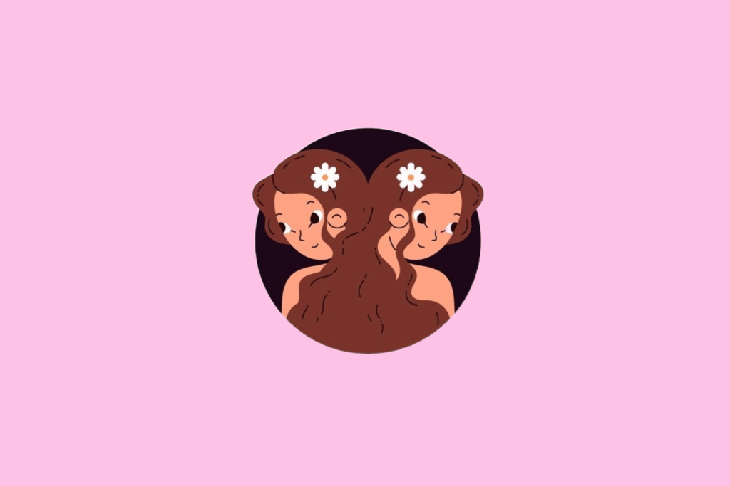 Ilustração de duas mulheres idênticas, de perfil e costas uma para a outra, com cabelos castanhos presos e uma flor branca em cada lado, em um fundo rosa-claro