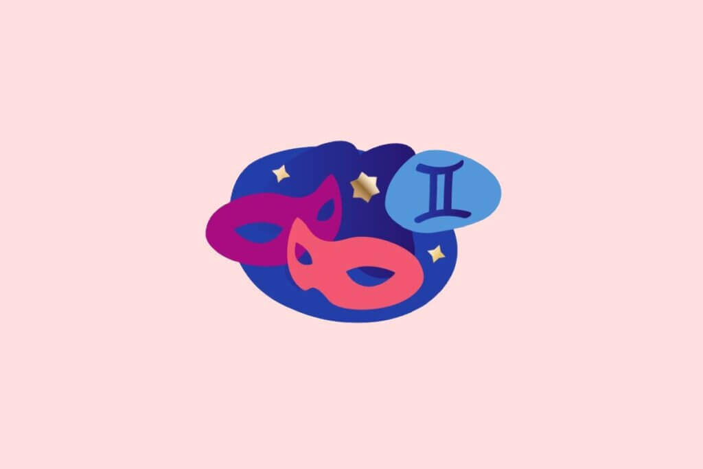 Ilustração do signo de Gêmeos em estilo plano. Ao centro, o símbolo do glifo do signo em azul sobre um fundo abstrato azul-escuro, adornado por duas máscaras teatrais sobrepostas em tons de rosa e pequenas estrelas douradas. O fundo geral da imagem é rosa claro.