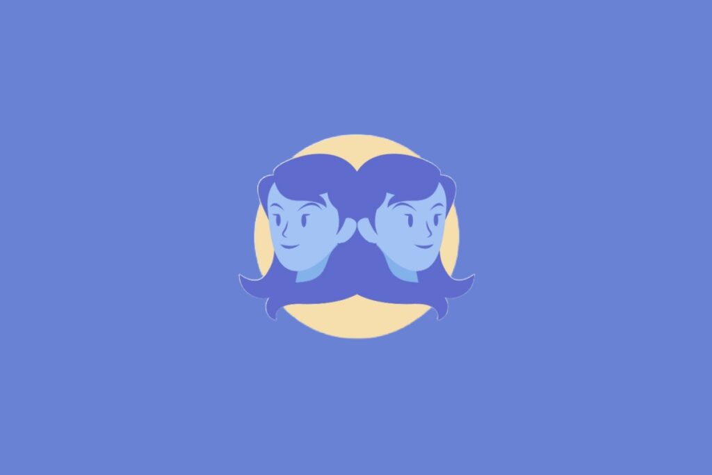 Ilustração centralizada de duas mulheres idênticas de perfil em tons de azul dentro de um círculo bege, representando o signo de Gêmeos sobre um fundo azul-claro.