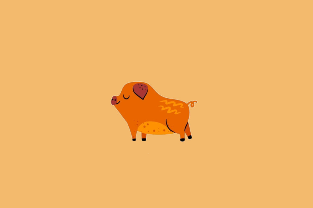 Ilustração minimalista de um javali de cor alaranjada com listras onduladas e manchas escuras, sobre um fundo sólido bege-alaranjado.