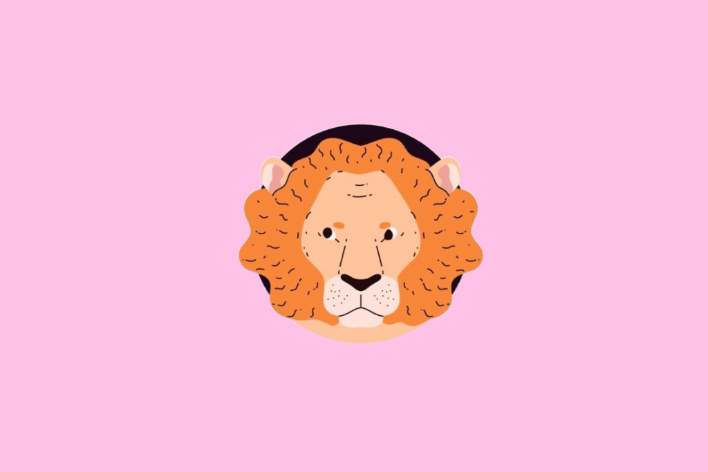Ilustração frontal da cabeça de um leão com uma juba volumosa em tons de laranja e amarelo, apresentando uma expressão calma, em um fundo rosa-claro