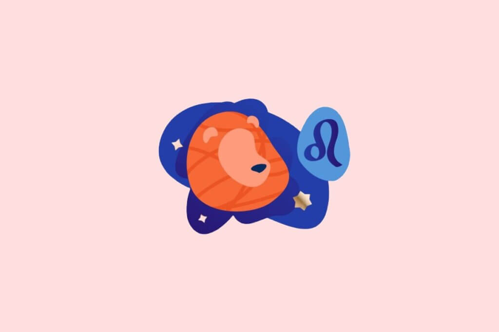 Ilustração do signo de Leão em estilo plano. Ao centro, o símbolo do glifo do signo em azul sobre um fundo abstrato azul-escuro, adornado pelo desenho estilizado do rosto de um leão laranja e pequenas estrelas douradas. O fundo geral da imagem é rosa claro.