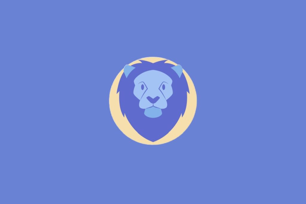 Ilustração centralizada da cabeça de um leão em tons de azul dentro de um círculo bege, representando o signo de Leão sobre um fundo azul-claro.