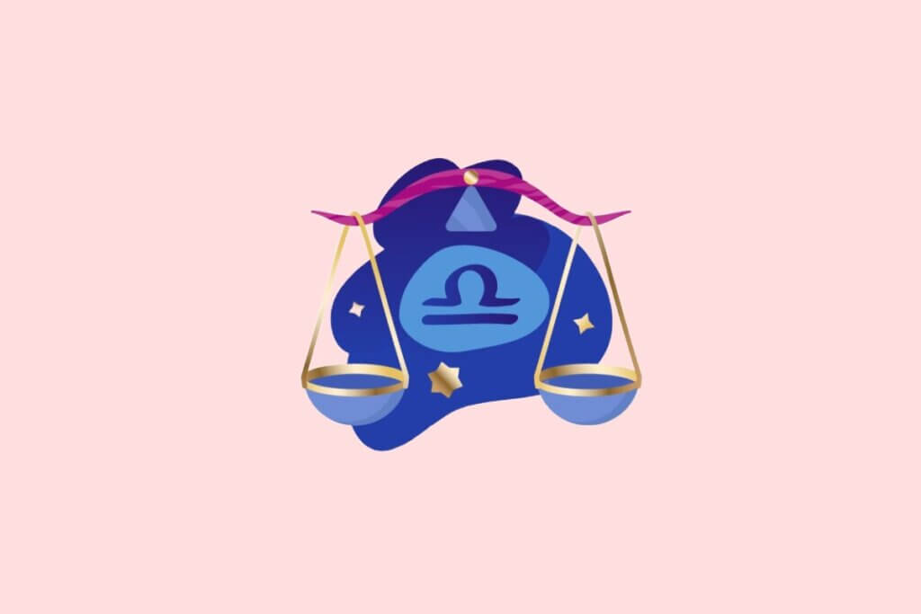Ilustração do signo de Libra em estilo plano. Ao centro, o símbolo do glifo do signo em azul sobre um fundo abstrato azul-escuro, adornado por uma balança estilizada e pequenas estrelas douradas. O fundo geral da imagem é rosa claro.