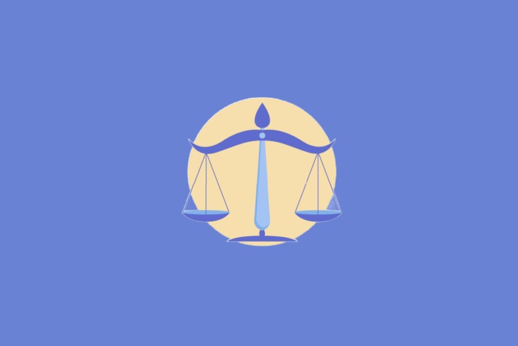 Ilustração centralizada de uma balança de dois pratos em tons de azul dentro de um círculo bege, representando o signo de Libra sobre um fundo azul-claro.