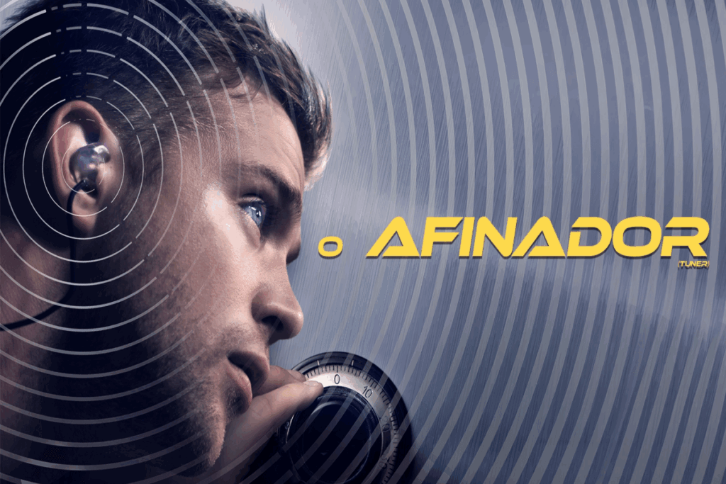 Homem usando fone de ouvido e ajustando um equipamento de áudio, com ondas sonoras ilustradas ao redor e o título “O Afinador” ao lado