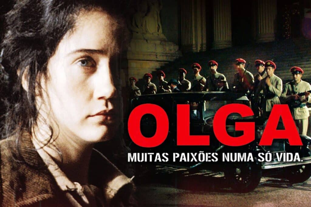 Capa do filme "Olga", com uma mulher na frente e militares reunidos em fileira atrás