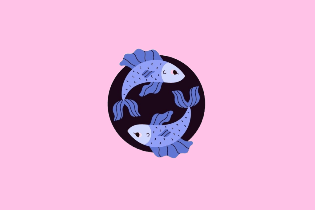 Ilustração de dois peixes azuis nadando em direções opostas, formando um círculo, com detalhes em tons de lilás e barbatanas fluidas, em um fundo rosa-claro