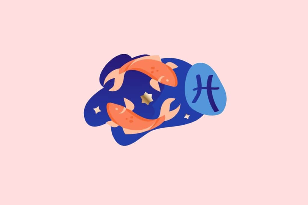 Ilustração do signo de Peixes em estilo plano. Ao centro, o símbolo do glifo do signo em azul sobre um fundo abstrato azul-escuro, adornado por dois peixes laranja nadando em formato circular e pequenas estrelas douradas. O fundo geral da imagem é rosa claro.