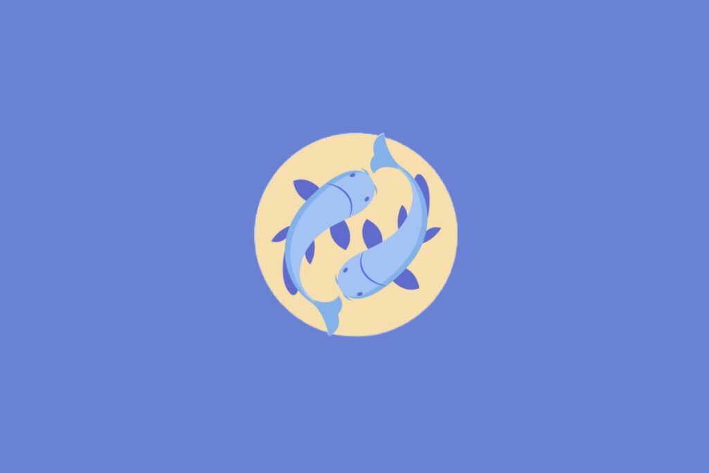 Ilustração centralizada de dois peixes nadando em direções opostas em tons de azul dentro de um círculo bege, representando o signo de Peixes sobre um fundo azul-claro.