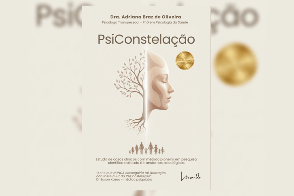 Capa do livro "PsiConstelação", com fundo bege-claro e a ilustração de uma árvore do lado esquerdo e um rosto do lado direito