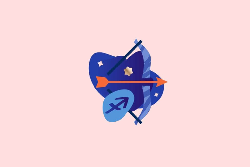 Ilustração do signo de Sagitário em estilo plano. Ao centro, o símbolo do glifo do signo em azul sobre um fundo abstrato azul-escuro, adornado por um arco azul e uma flecha laranja disposta horizontalmente, além de pequenas estrelas douradas. O fundo geral da imagem é rosa claro.