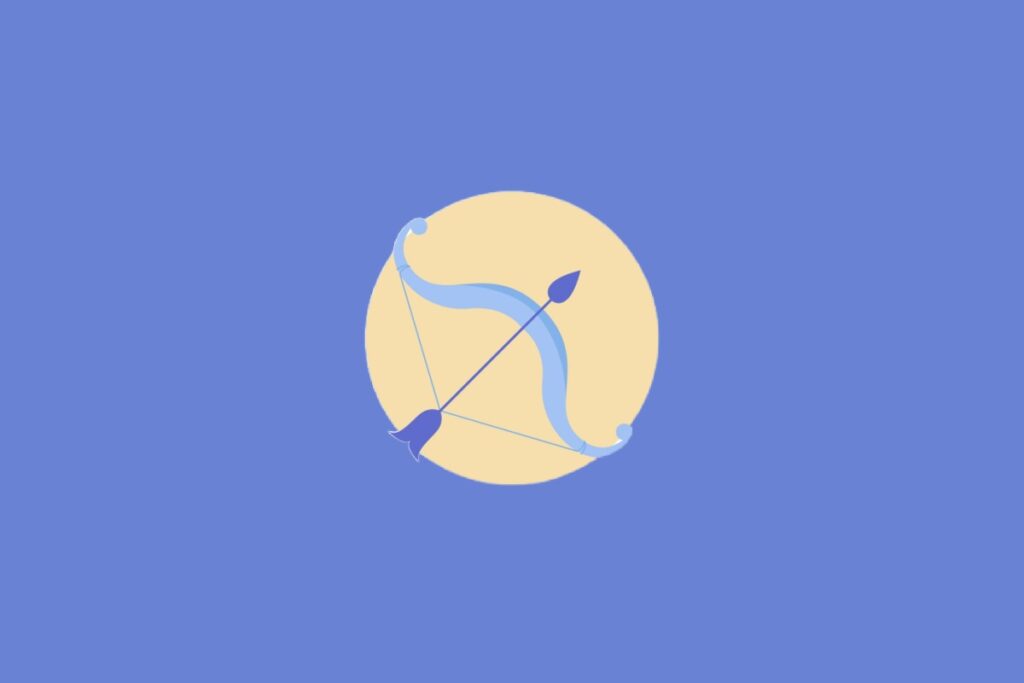 Ilustração centralizada de um arco e flecha em tons de azul dentro de um círculo bege, representando o signo de Sagitário sobre um fundo azul-claro.