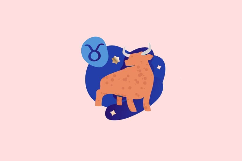 Ilustração do signo de Touro em estilo plano. Ao centro, o símbolo do glifo do signo em azul sobre um fundo abstrato azul-escuro, adornado pelo desenho estilizado de um touro laranja e pequenas estrelas douradas. O fundo geral da imagem é rosa claro.