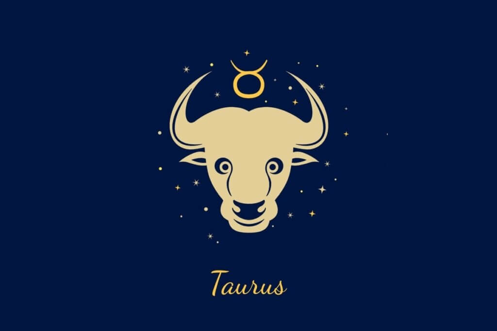 Um fundo azul-marinho escuro com ilustração estilizada da cabeça de um touro com chifres proeminentes. Acima dele, o glifo de Touro (um círculo com chifres). Abaixo, o texto "Taurus".
