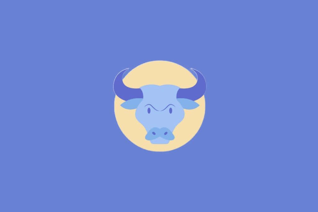 Ilustração centralizada da cabeça de um touro em tons de azul dentro de um círculo bege, representando o signo de Touro sobre um fundo azul-claro.