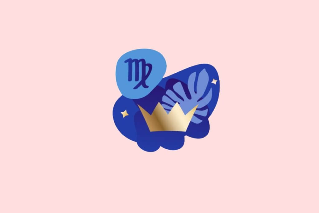 Ilustração do signo de Virgem em estilo plano. Ao centro, o símbolo do glifo do signo em azul sobre um fundo abstrato azul-escuro, adornado por uma coroa dourada, uma folha tropical e pequenas estrelas. O fundo geral da imagem é rosa claro.