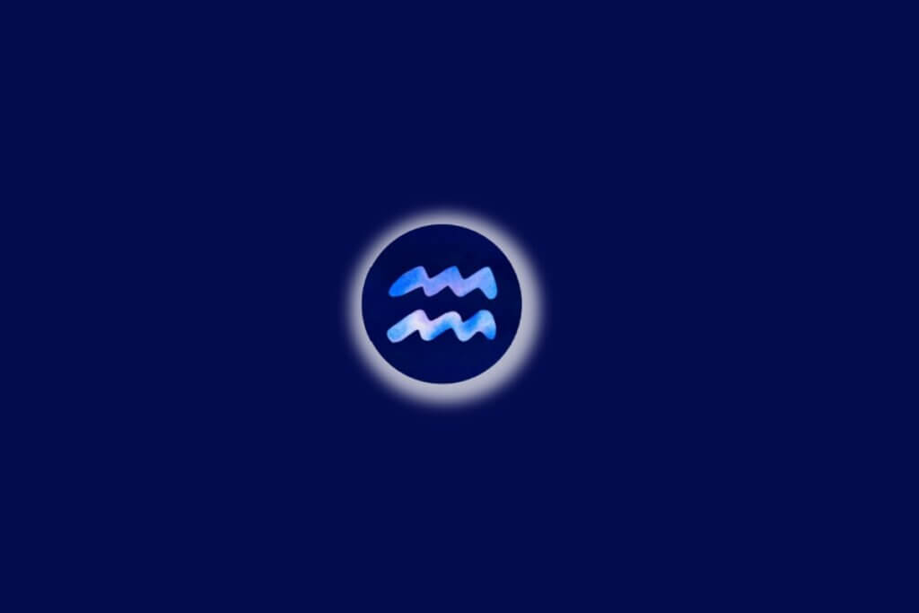 Símbolo do signo de aquário, com tons de azul-claro e lilás, envolvido por um brilho branco e em destaque sobre fundo azul-escuro