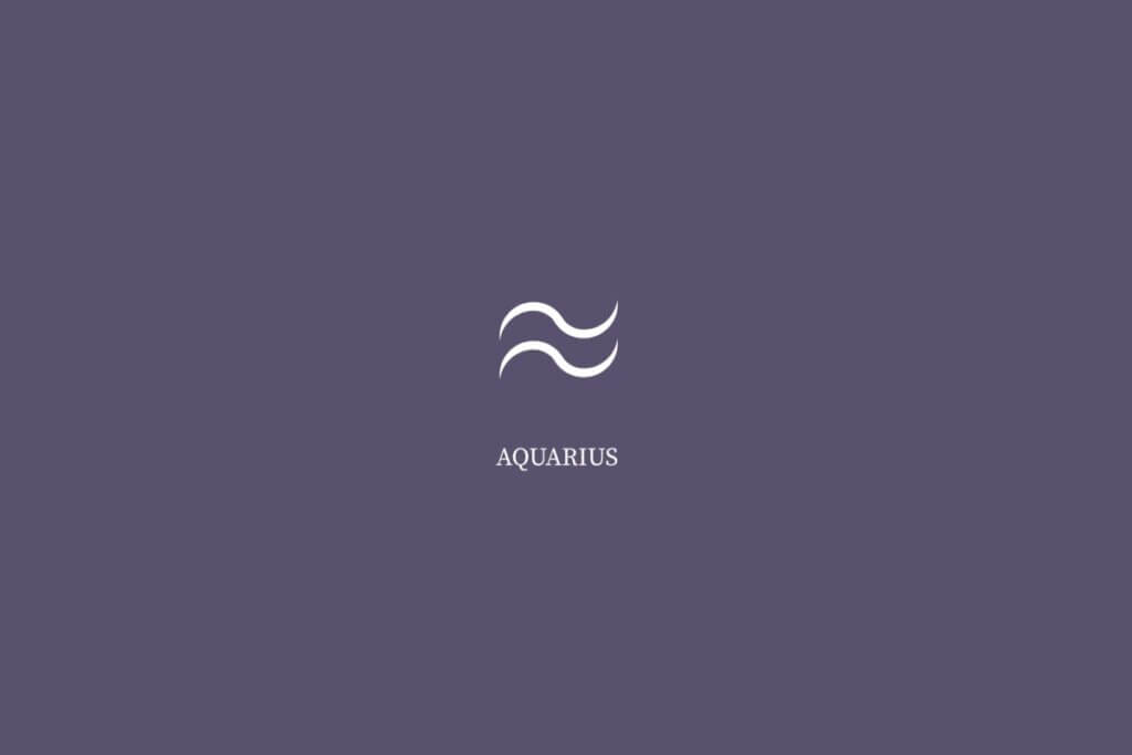 Ilustração do signo de aquário, na cor branca e com o nome embaixo, centralizado em um fundo roxo