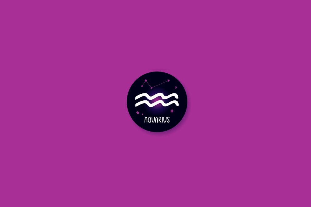 Ilustração de um círculo preto com o símbolo de aquário dentro, com estrelas roxas, sobre um fundo roxo