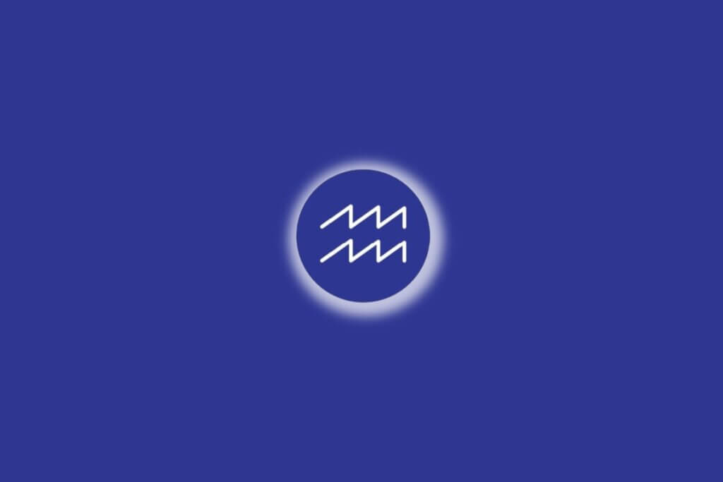 Ilustração do signo de Aquário em um círculo azul, com luz branca ao redor, sobre um fundo azul