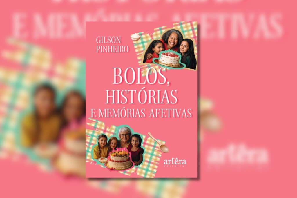 Capa do livro " Bolos, histórias e memórias afetivas", com a foto colagem de avós com suas netas, sorrindo e segurando bolo. Fundo rosa 