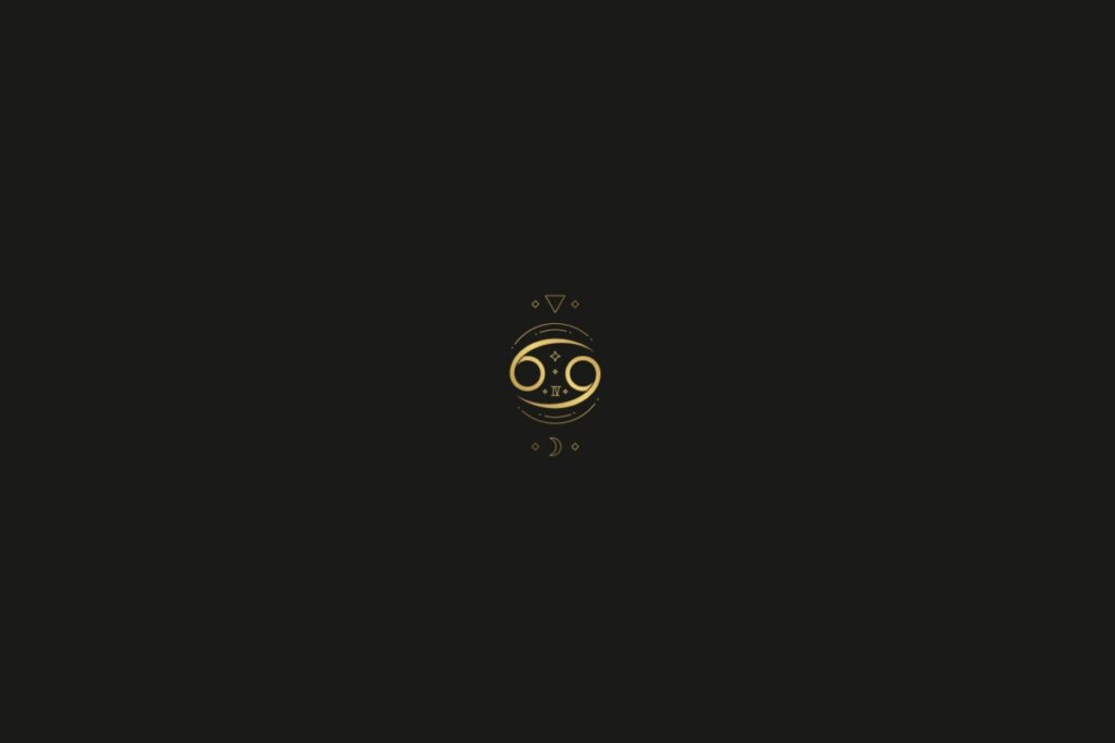 Ilustração do signo de câncer na cor dourada, com estrelas, quadrados e triângulos ao redor, em um fundo preto