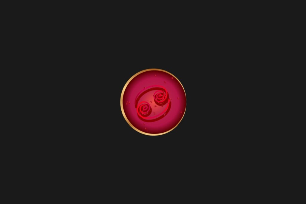 Ilustração do signo de Câncer, em um círculo vermelho com borda dourada, sobre um fundo preto