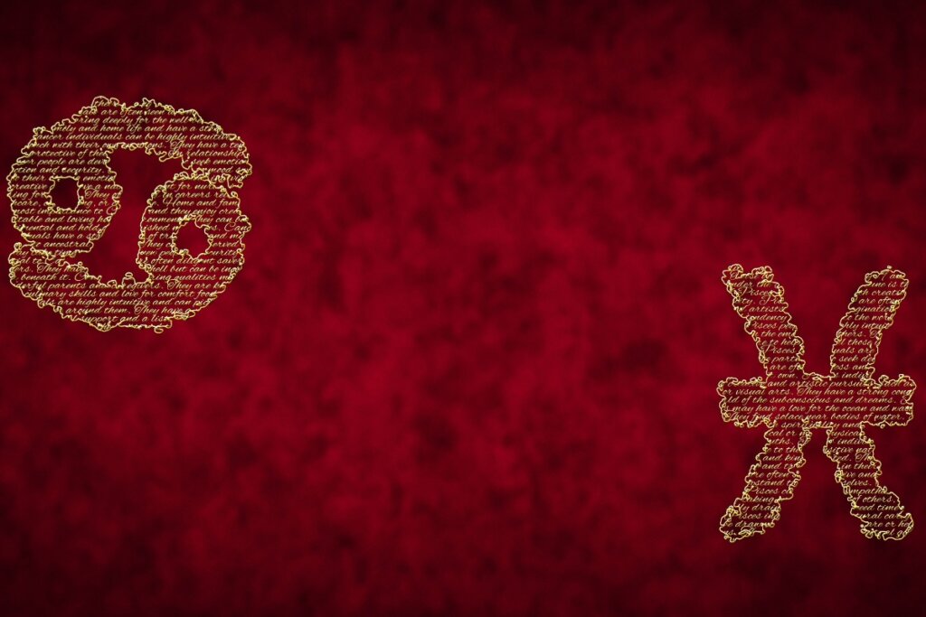 A imagem apresenta os símbolos dos signos de Câncer e Peixes em destaque sobre um fundo vermelho texturizado.