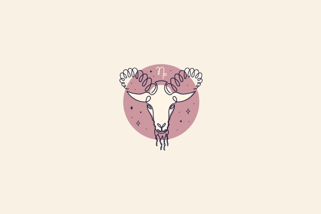 Desenho de uma cabra dentro de um círculo rosa. Fundo bege e símbolo do signo de capricórnio acima