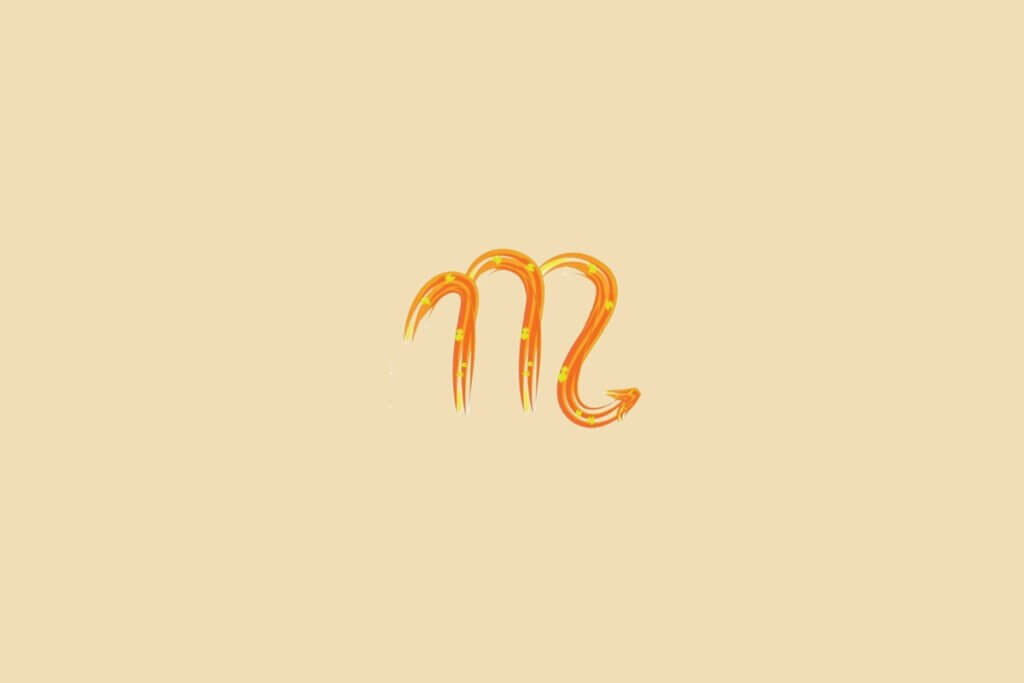 Ilustração do signo de escorpião, na cor laranja-escuro, centralizado em um fundo laranja-claro