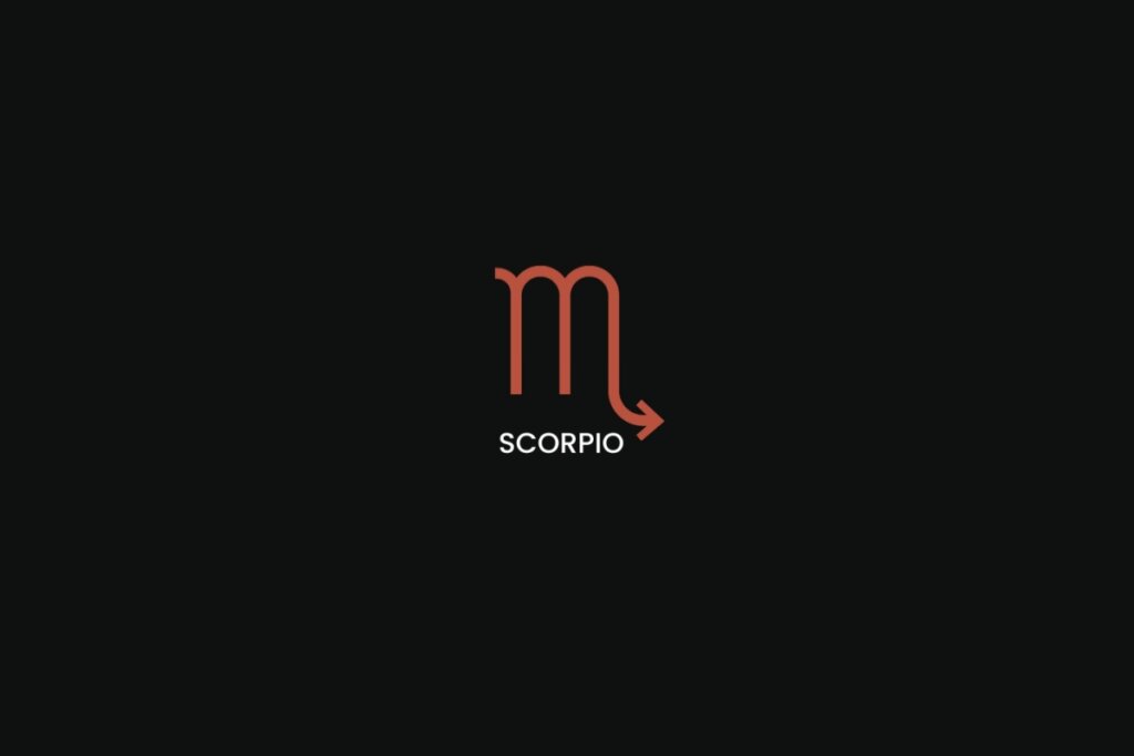 Símbolo do signo de escorpião na cor laranja, com o nome do signo embaixo, centralizado em um fundo preto