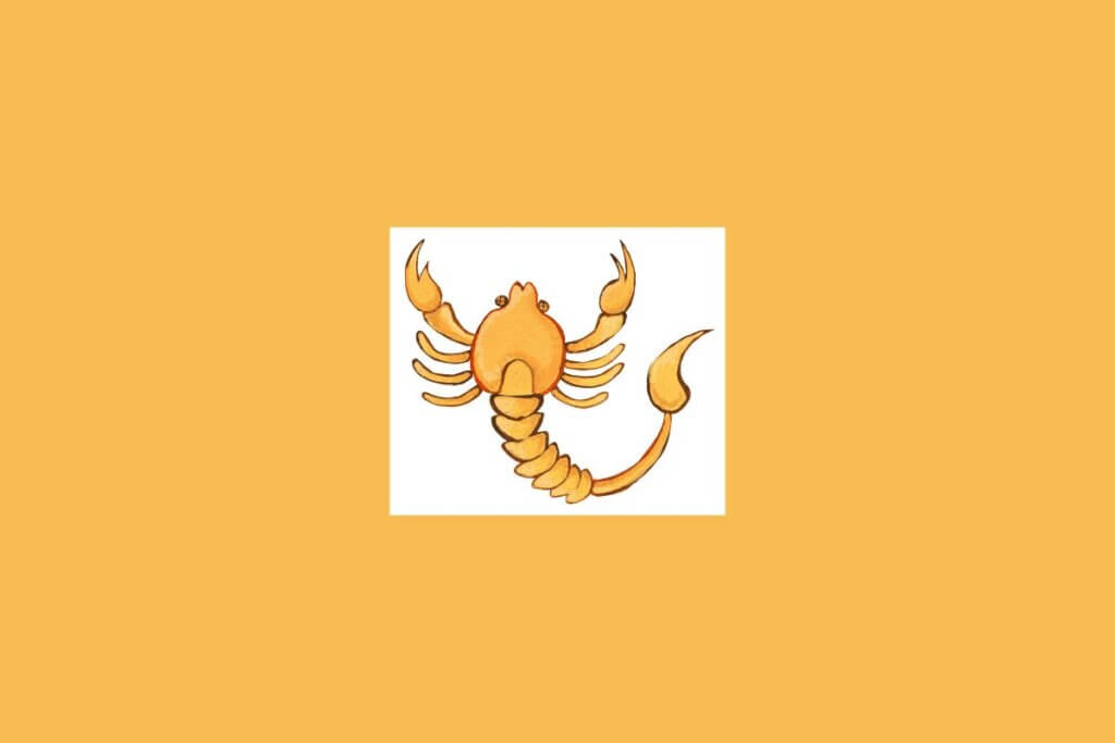 Uma ilustração simples de um escorpião, representando o signo de Escorpião, sobre um fundo claro cercado por um tom alaranjado