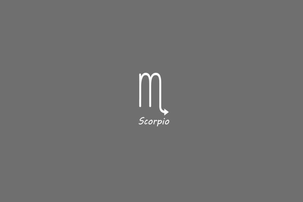 Símbolo do signo de escorpião, na cor banca, centralizado em um fundo cinza e com o nome embaixo