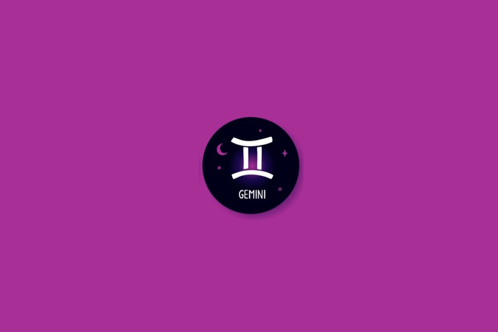 Ilustração de um círculo preto com o símbolo de gêmeos dentro, com estrelas roxas, sobre um fundo roxo