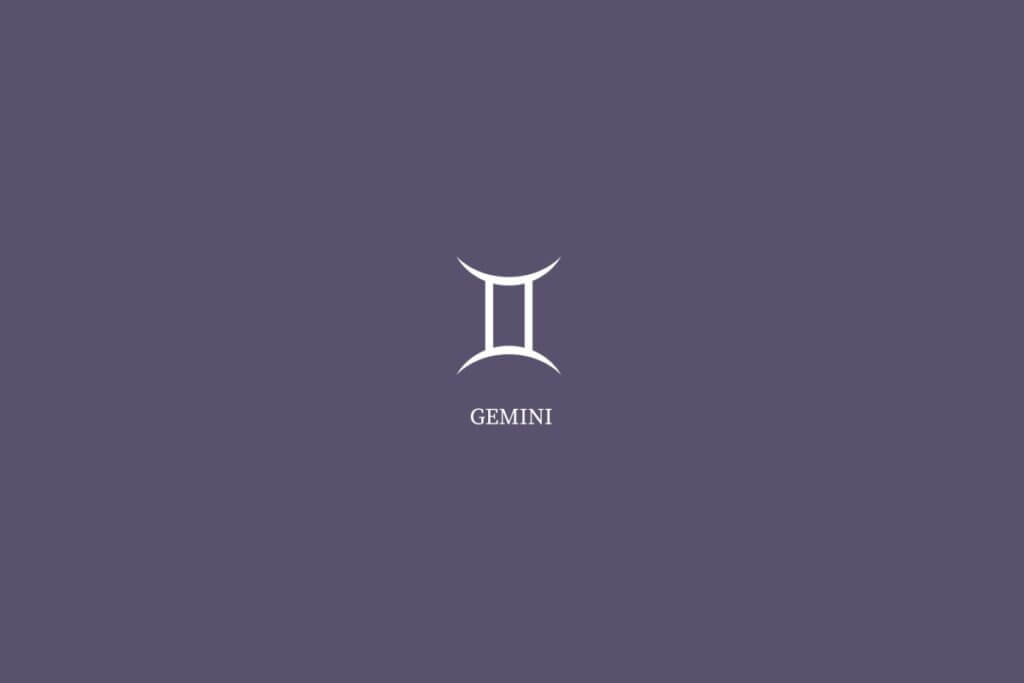 Ilustração do signo de gêmeos, na cor branca e com o nome embaixo, centralizado em um fundo roxo