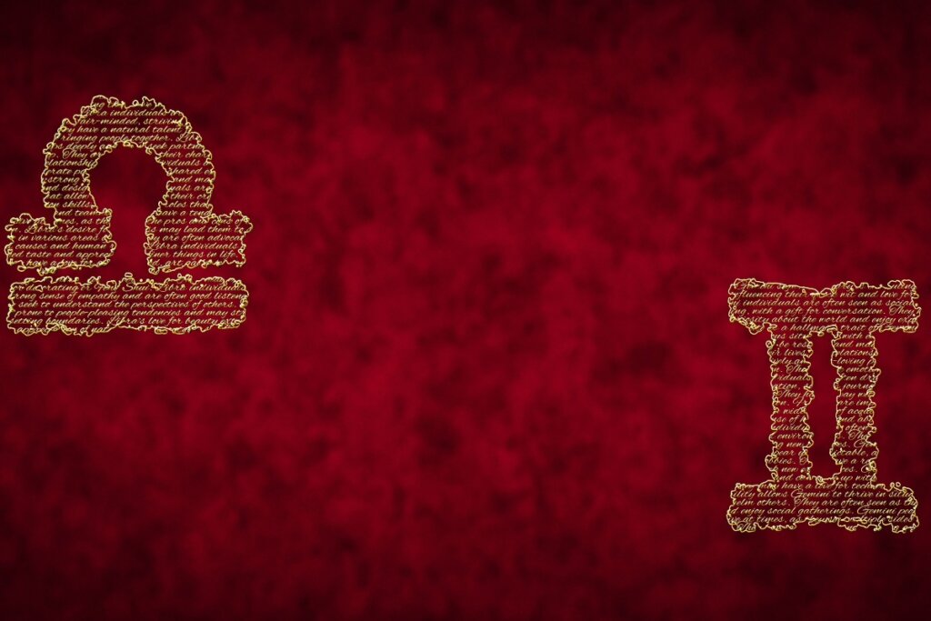 A imagem apresenta os símbolos dos signos de Gêmeos e Libra em destaque sobre um fundo vermelho texturizado.
